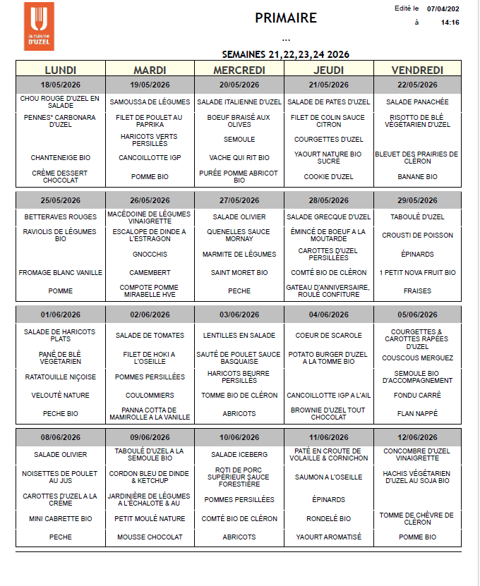 Menus Primaire Du 18.05 Au 12.06.2026