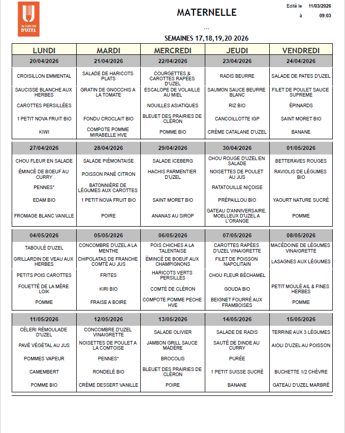 Menu Maternelle Du 20.04 Au 15.05