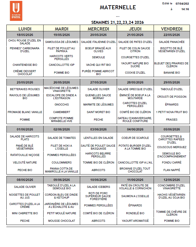 Menus Maternelle Du 18.05 Au 12.06.2026