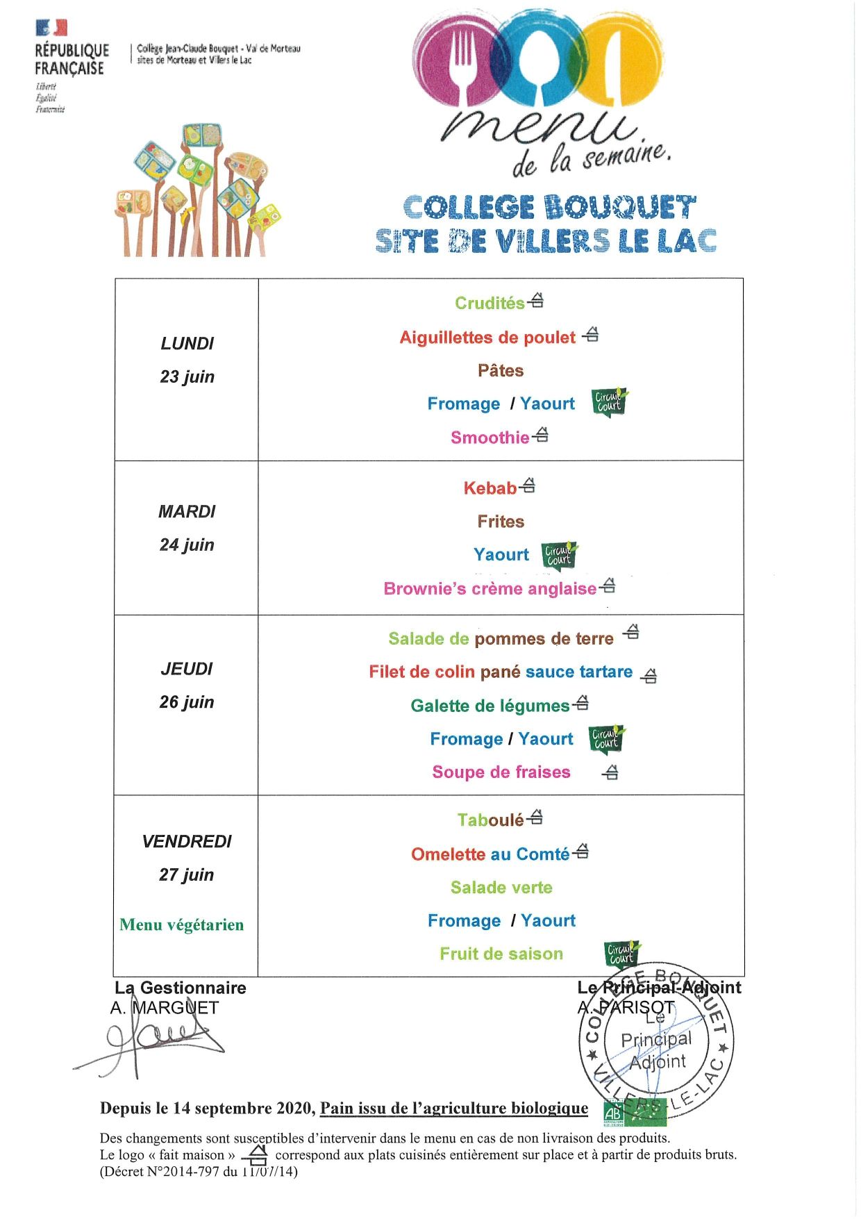 Menu De La Cantine Scolaire   Collège   Du 23 Au 27 Juin Page 0001