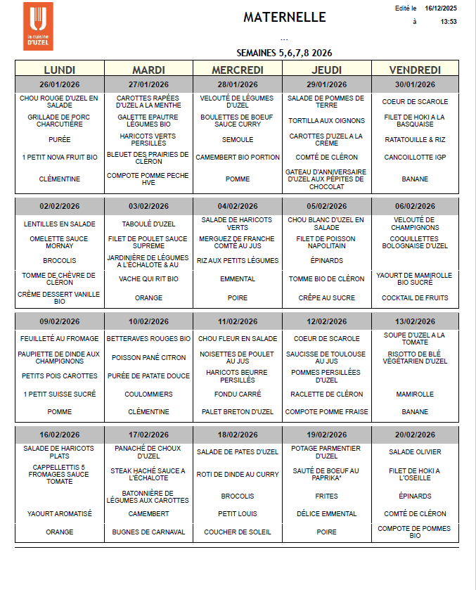 Menu Maternelle 26.01.26 Au 20.02.26