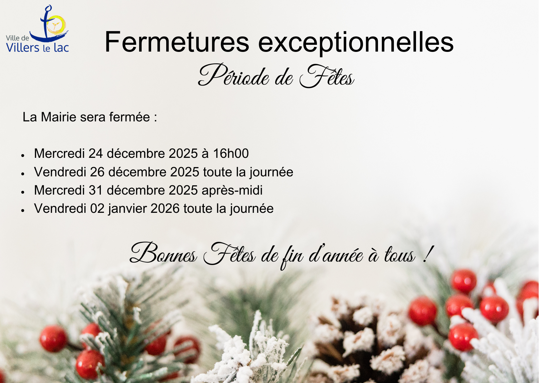 Fermeture Vacances Hivernales 2025
