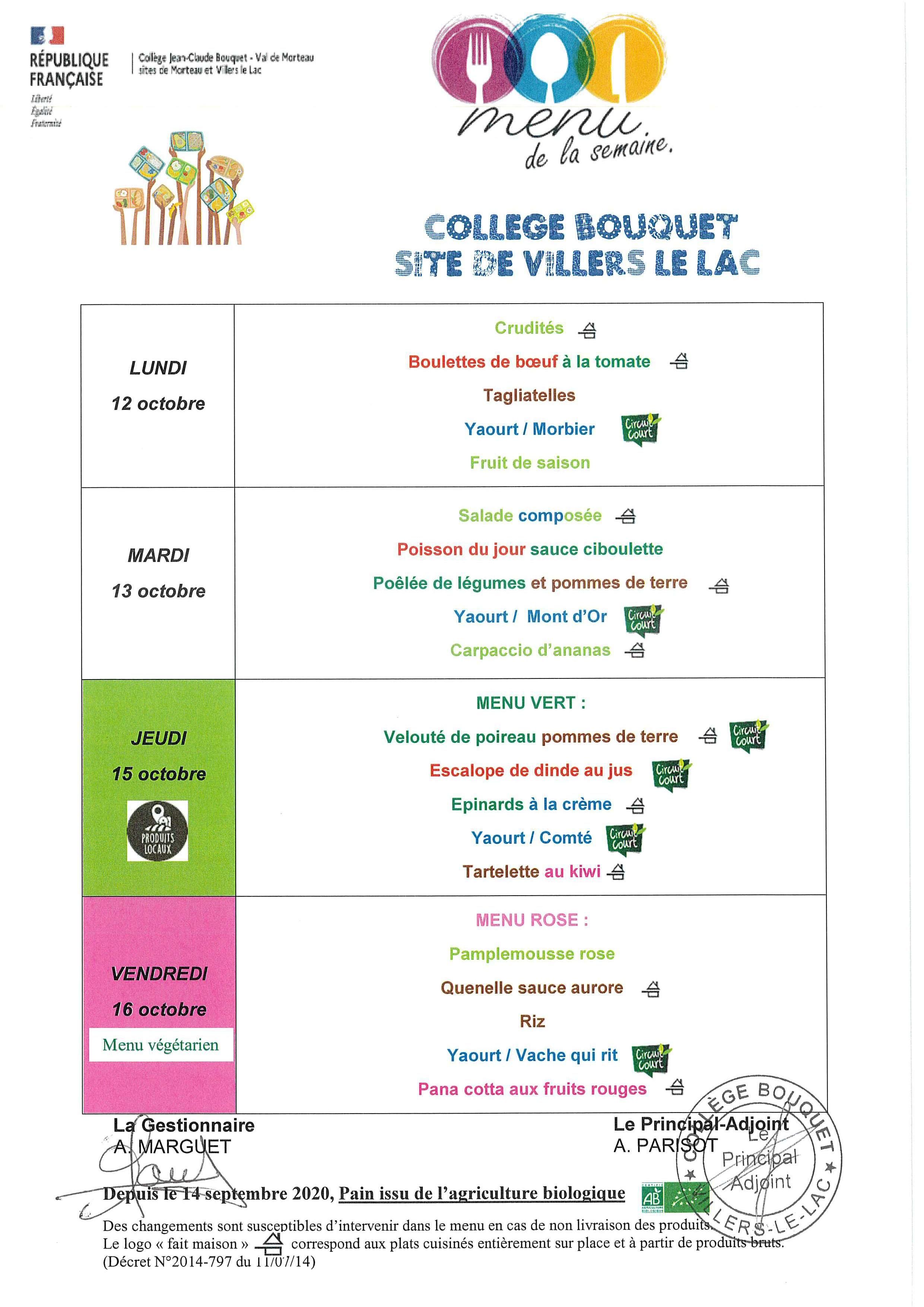 Menu Cantine Scolaire Vll Du 12 Au 16 Oct