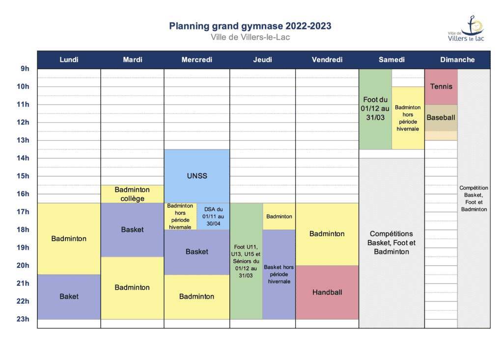 Planning grand gymnase 2022-2023